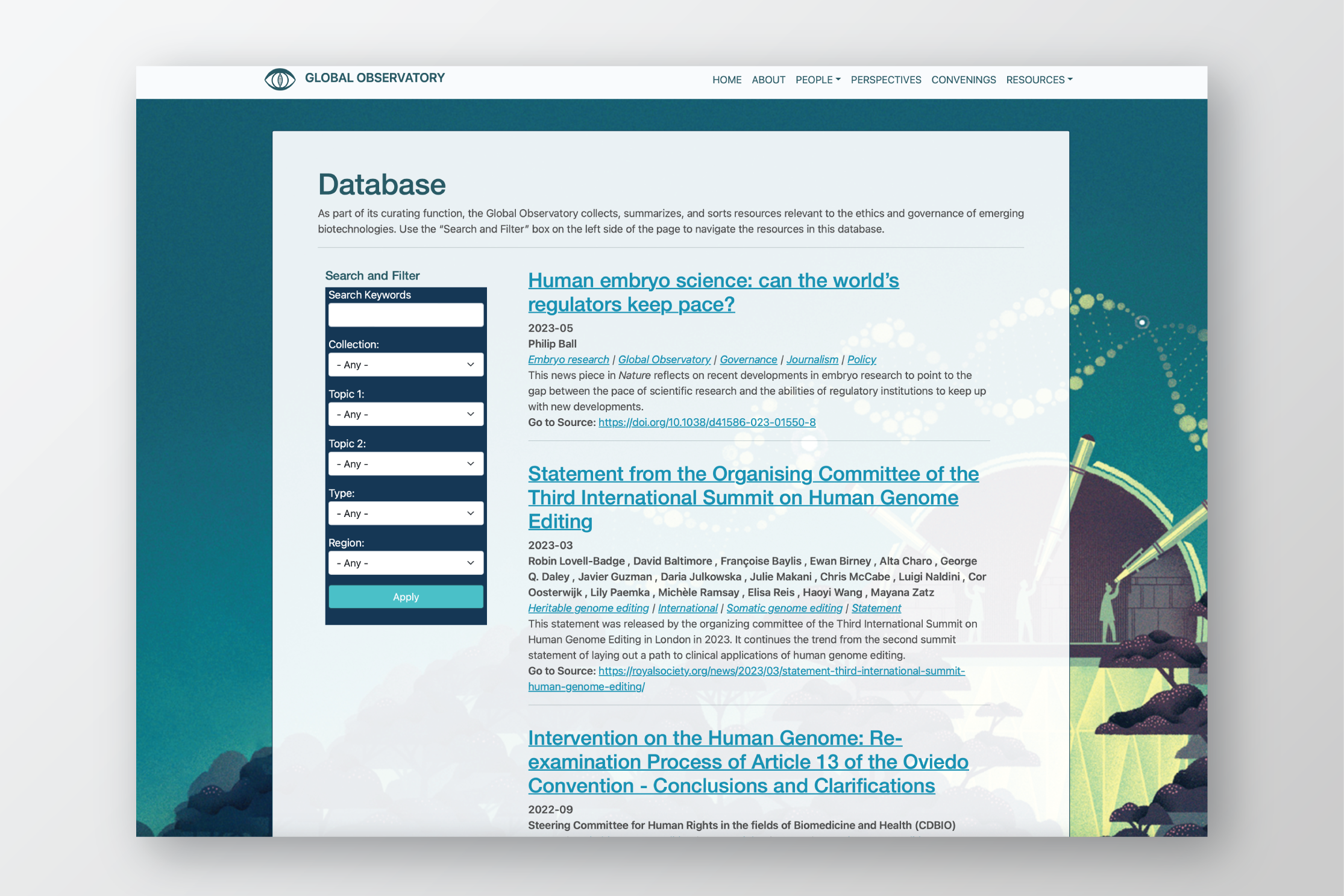 Mockup of global observatory database webpage