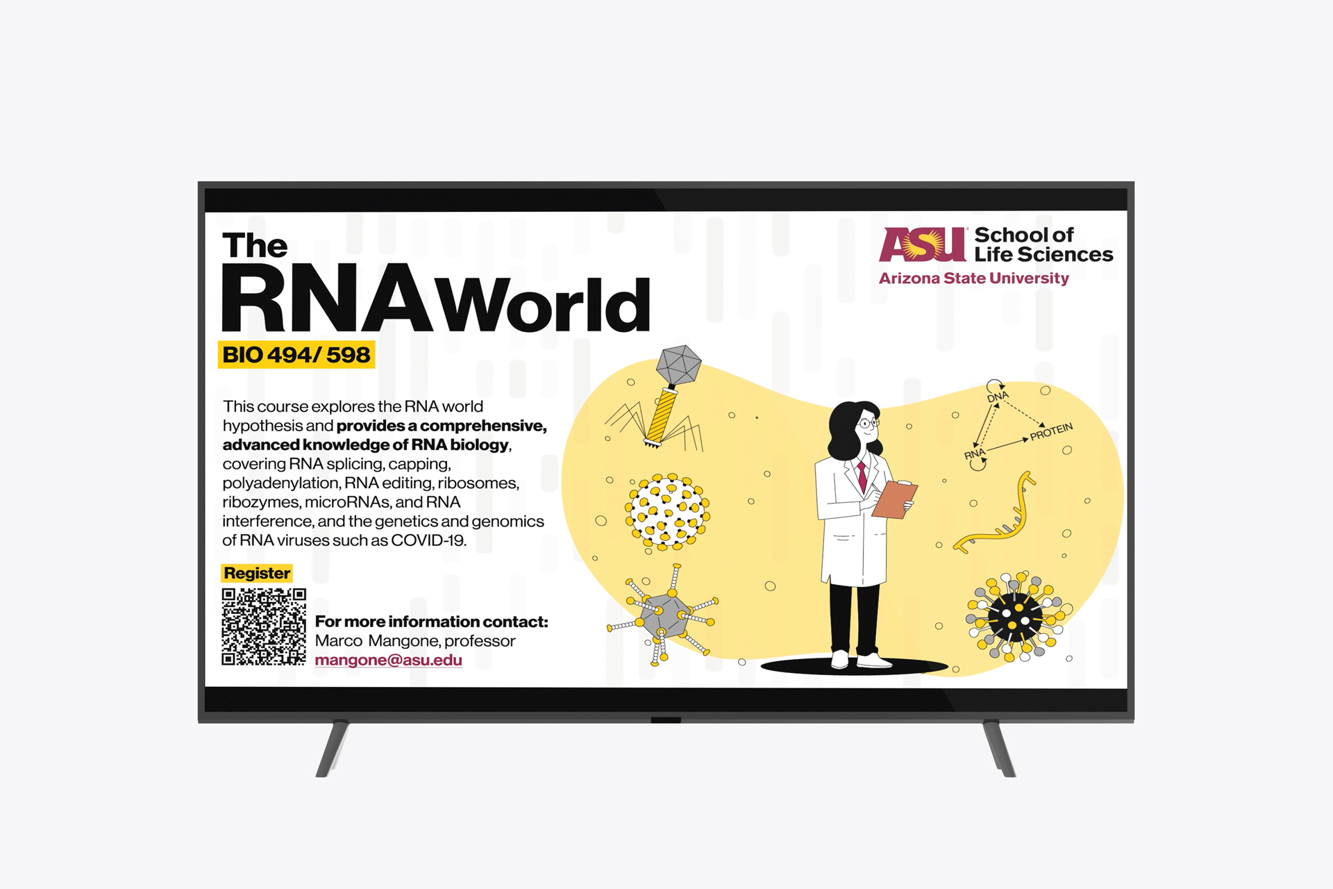 tv displaying an illustrated figure in a lab coat