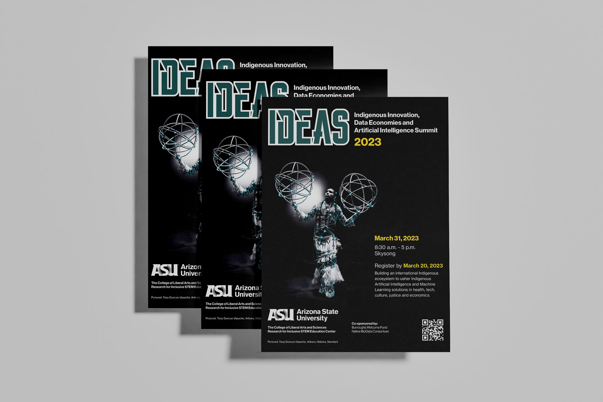 mockup of a poster for the IDEAS summit featuring an indigenous hoop dancer on the cover