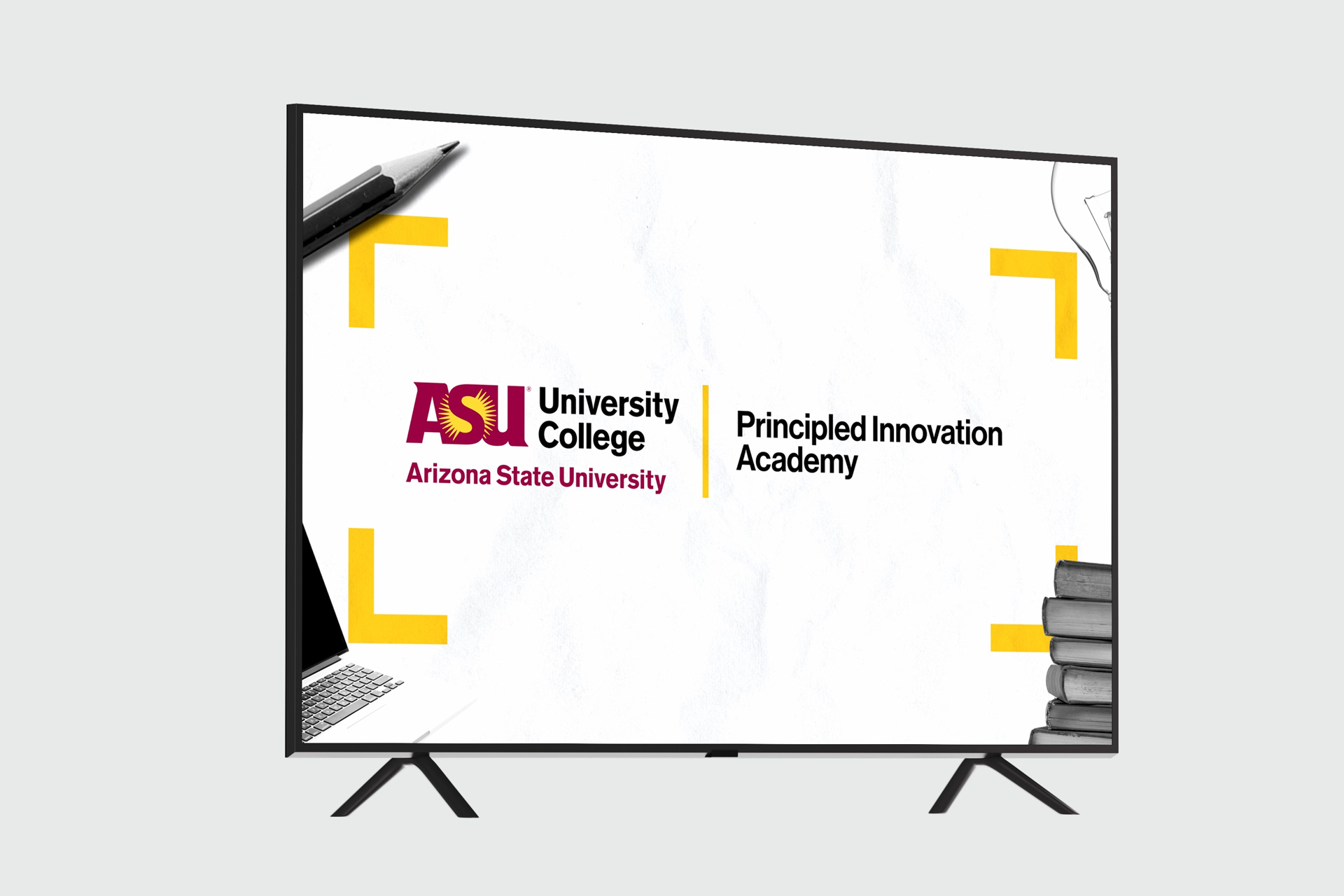 Mockup of a TV with a digital display that reads Principled Innovation Academy.